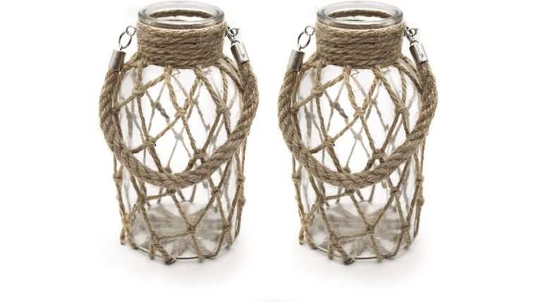 Rustic Hanging Mason Nautical Jar Rope Net Dry Flower Glass Vase with Handle | Rental Rustic Hanging Mason Nautical Jar Rope Net Dry Flower Glass Vase with Handle | Rental