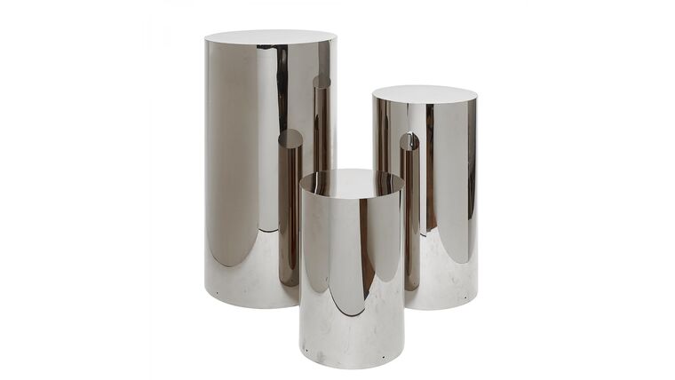 3 Piece Set Of Metal Cylinder Pedestals Display – Silver | Rental