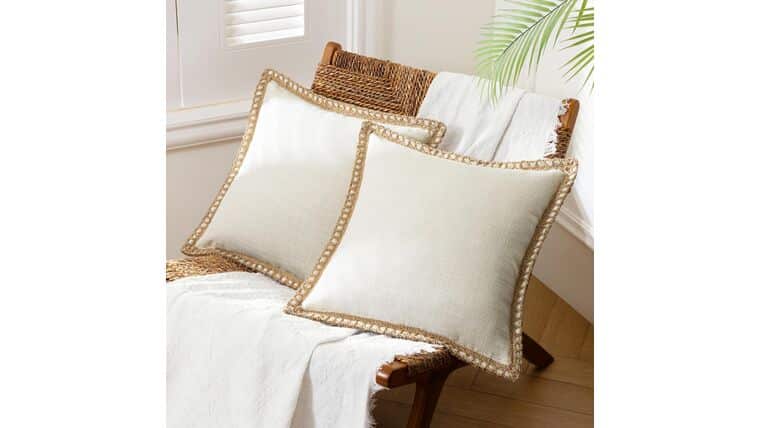 Farmhouse Modern Spring Decorative Throw Pillow Covers Burlap Linen Trimmed Outdoor Pillows Tailored Edges Off White 18 x 18 inches | Rental
