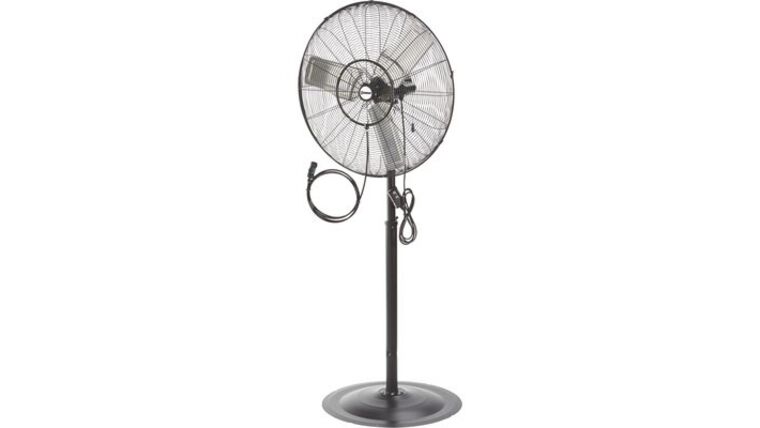 Misting Package – Low Pressure 30″ Commercial 3-Speed Oscillating Pedestal Fan With 15″ Stainless Steel 8 Nozzle Misting Ring Kit | Rental