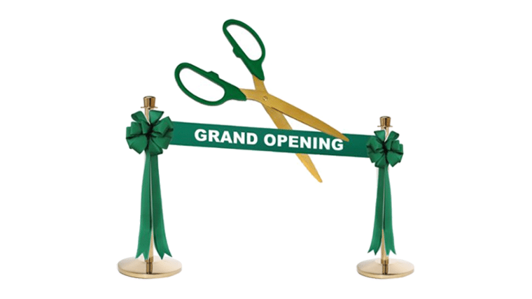 Deluxe Grand Opening Kit – 25″ Black/Silver Ceremonial Ribbon Cutting Scissors with 5 Yards of 6″ Red Grand Opening Ribbon, 2 Red Bows and 2 White Plastic Stanchions | Rental