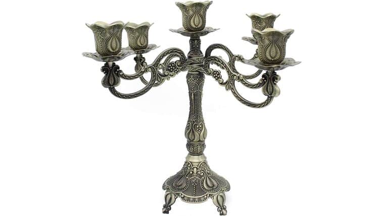 5-Candle Metal Candelabra Centerpiece Candle Stand Home Decoration for Event, Wedding, Party, Tulip Pattern-Bronze | Rental