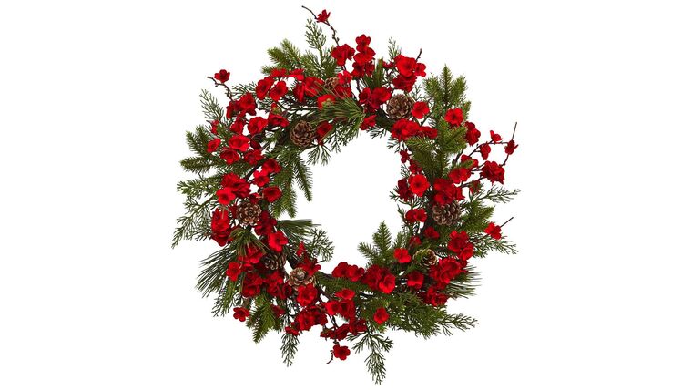 24” Artificial Plum Blossom Pine Wreath | Rental