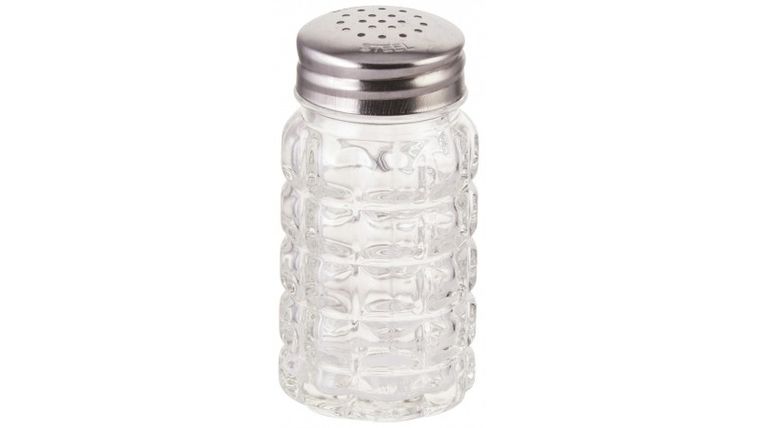 1.5 oz Salt Pepper Shaker glass 18-8 stainless steel top, Nostalgia | Rental
