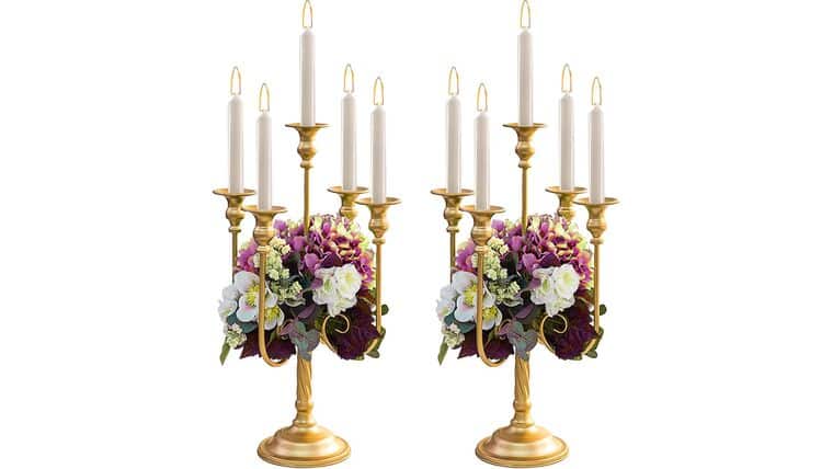 Metal Candelabra Gold Candle Stand 20in Tall, 5-Candle Candlestick Holder for Taper Candles, Candle Holder for Wedding Centerpiece Christmas Valentine Holiday Party Event Reception Decor | Rental Metal Candelabra Gold Candle Stand 20in Tall, 5-Candle Candlestick Holder for Taper Candles, Candle Holder for Wedding Centerpiece Christmas Valentine Holiday Party Event Reception Decor | Rental