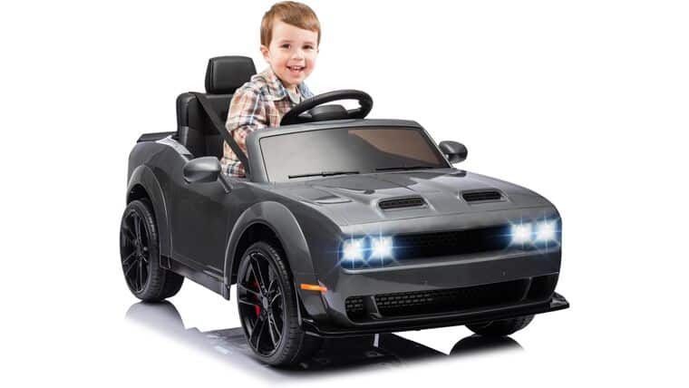 Kids Electric Car | Licensed Dodge Challenger Ride-On 12V Battery-Powered Vehicle with Remote, LED Lights, Bluetooth, MP3 for Boys and Girls, Grey | Rental