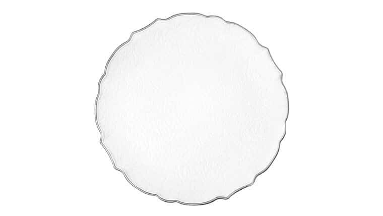 Victorian Embossed Acrylic Charger Plate – White/Silver Trimmed | Rental