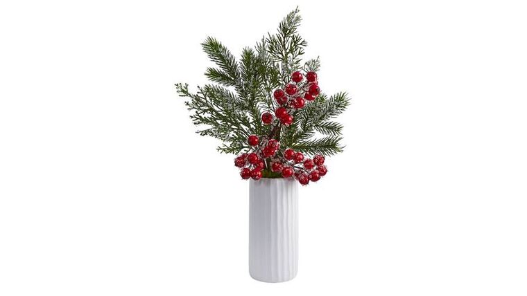 19” Iced Pine and Berries Artificial Arrangement in White Vase | Rental