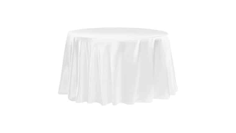 Satin 120″ Round Tablecloth – White | Rental Satin 120″ Round Tablecloth – White | Rental