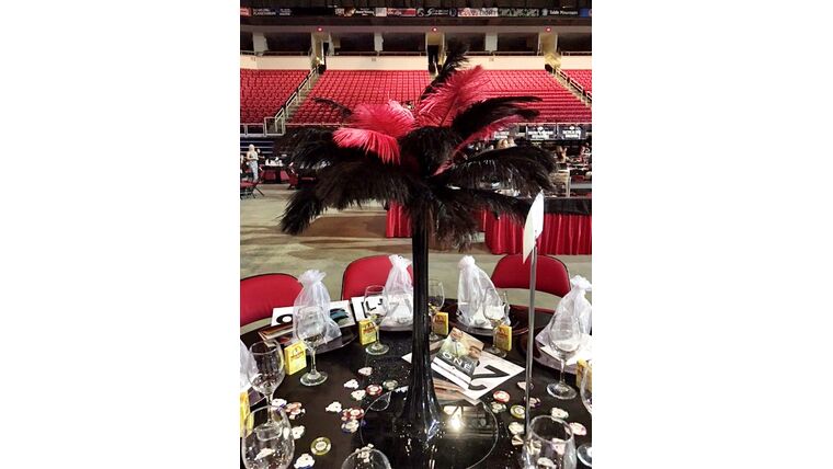 Package – Black Eiffel Tower Vase With Red & Black Feathers Centerpiece | Rental Package – Black Eiffel Tower Vase With Red & Black Feathers Centerpiece | Rental