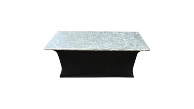 Banquet Table | Aluminum Swirl | Rectangle | 6′ x 30″ w/ Navy Skirt | Rental Banquet Table | Aluminum Swirl | Rectangle | 6′ x 30″ w/ Navy Skirt | Rental