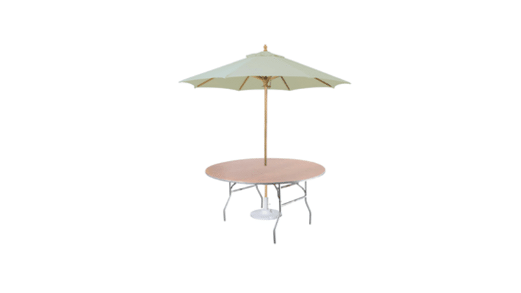 Banquet Table | Wood | Round | 72″ w/Umbrella Hole | Rental