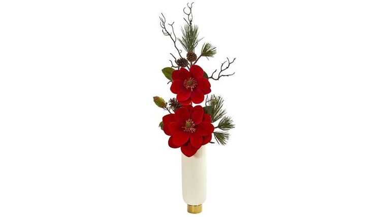 Magnolia and Pine Artificial Arrangement in White Vase | Rental