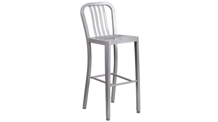 30″ High Silver Metal Indoor-Outdoor Barstool with Vertical Slat Back | Rental 30″ High Silver Metal Indoor-Outdoor Barstool with Vertical Slat Back | Rental