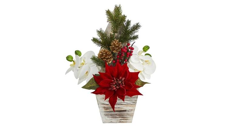 15” Poinsettia and Orchid Artificial Arrangement in Christmas Tree Vase | Rental