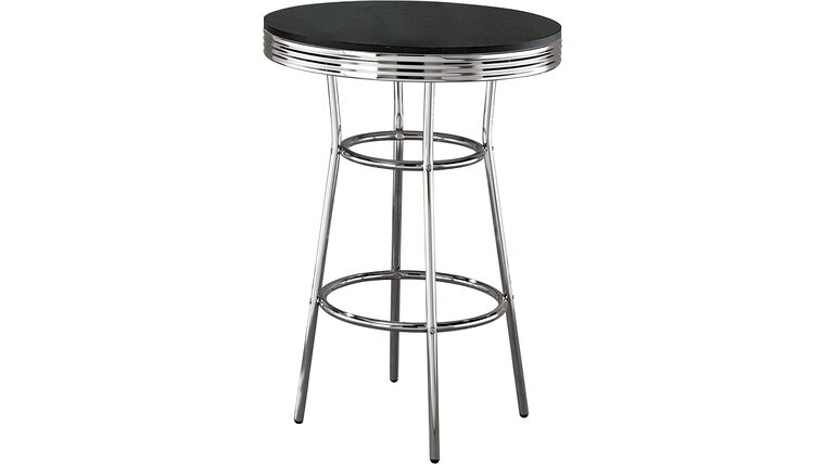 Cocktail – Retro 1950s Soda Fountain Round Pub Height Bar Table Black High Gloss Chrome Metal Frame | Rental