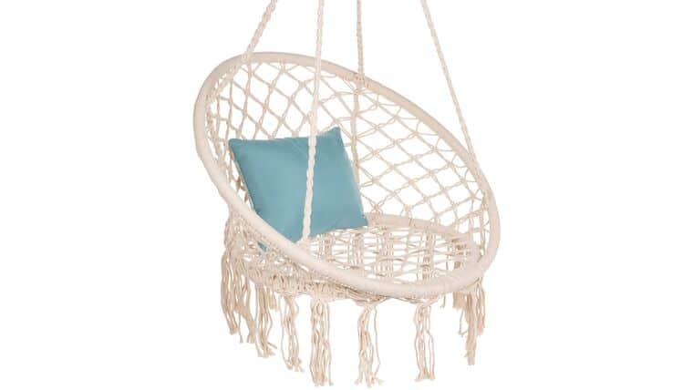 Hammock Chair – Handwoven Cotton Macramé Hanging Chair Swing for Indoor & Outdoor Use w/Backrest, Fringe Tassels, 265 Pound Capacity – Beige | Rental