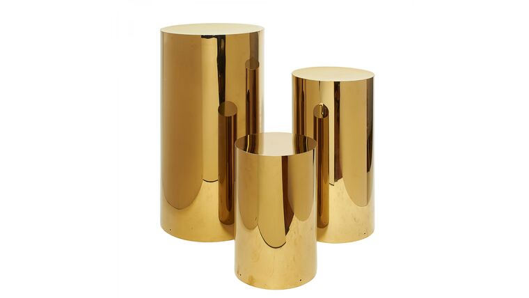 3 Piece Set Of Metal Cylinder Pedestals Display – Gold | Rental 3 Piece Set Of Metal Cylinder Pedestals Display – Gold | Rental