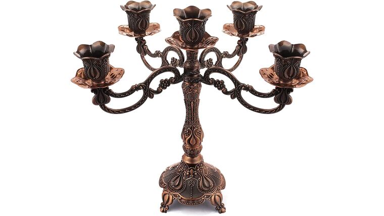 5-Candle Metal Candelabra 10.3 Inch Tall Candlestick Candle Holders for Home Decor Wedding Christmas Church Halloween Party, Red Bronze Tulip | Rental