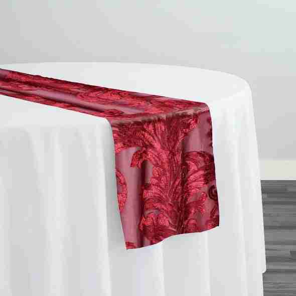 Victorian Jacquard Sheer Table Runner in Burgundy | Rental