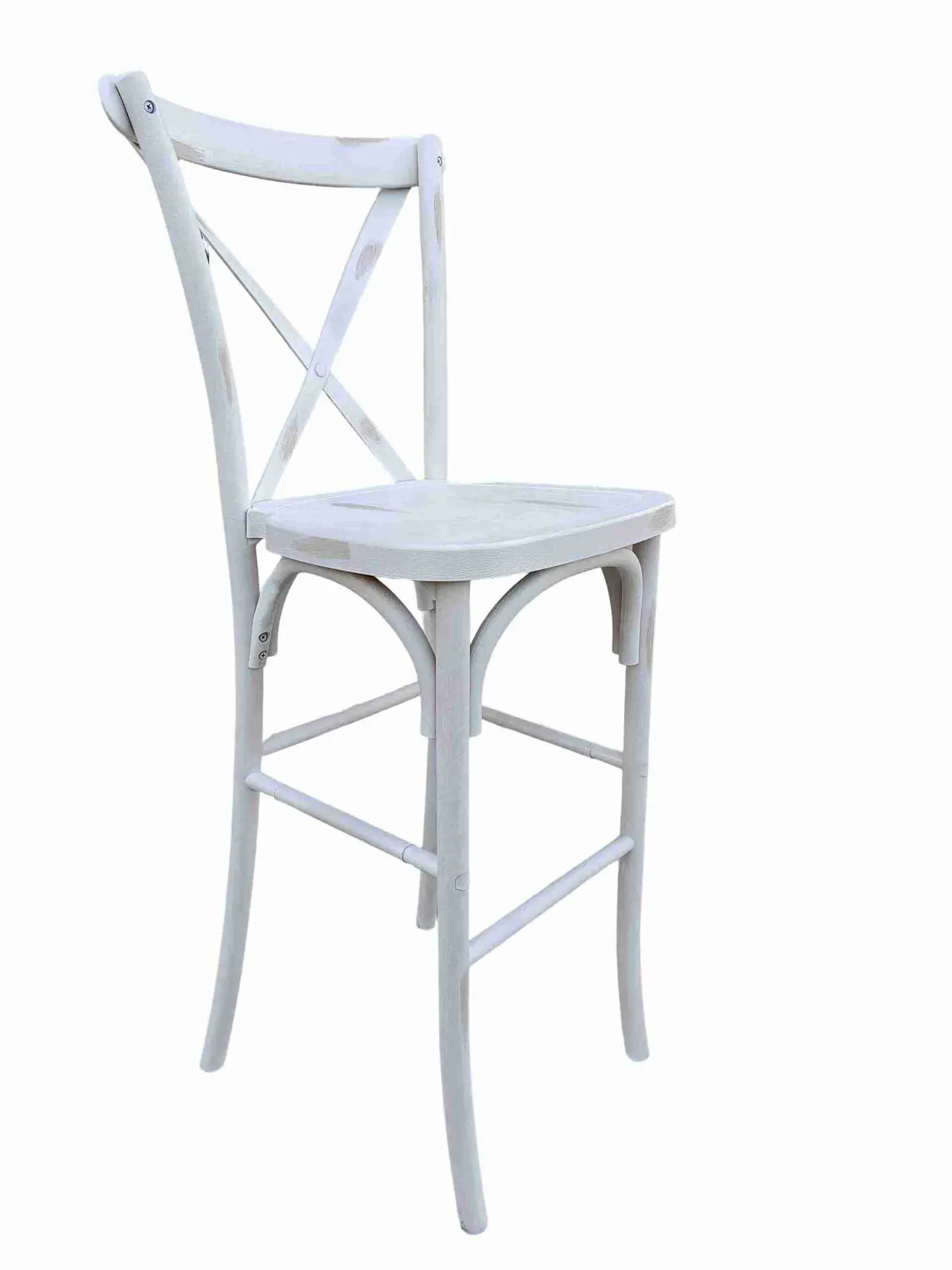 White Distressed Resin Steel Skeleton™ Cross Back Barstool (Per Unit Price Shown – Sold only in Quantities of 2) Some Assembly Required | Rental