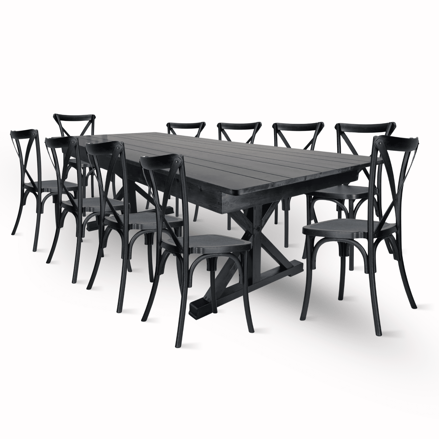 Black X-Leg Farm Table Dining Set Set with 10 Chairs | Rental