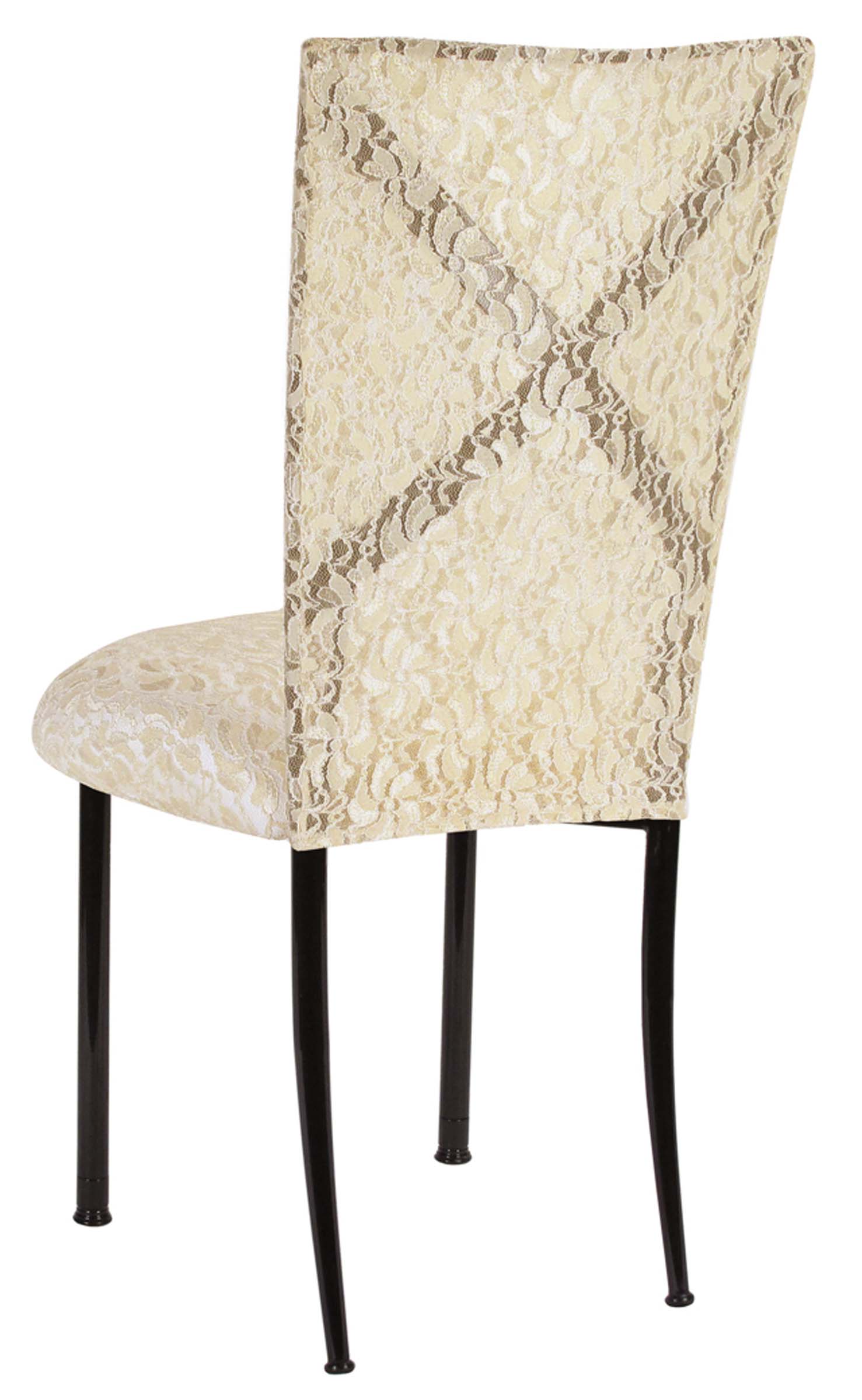 Blak. with Ivory Lace Chair Cover and Ivory Lace over Ivory Stretch Knit Cushion – Chameleon Chair Collection | Rental