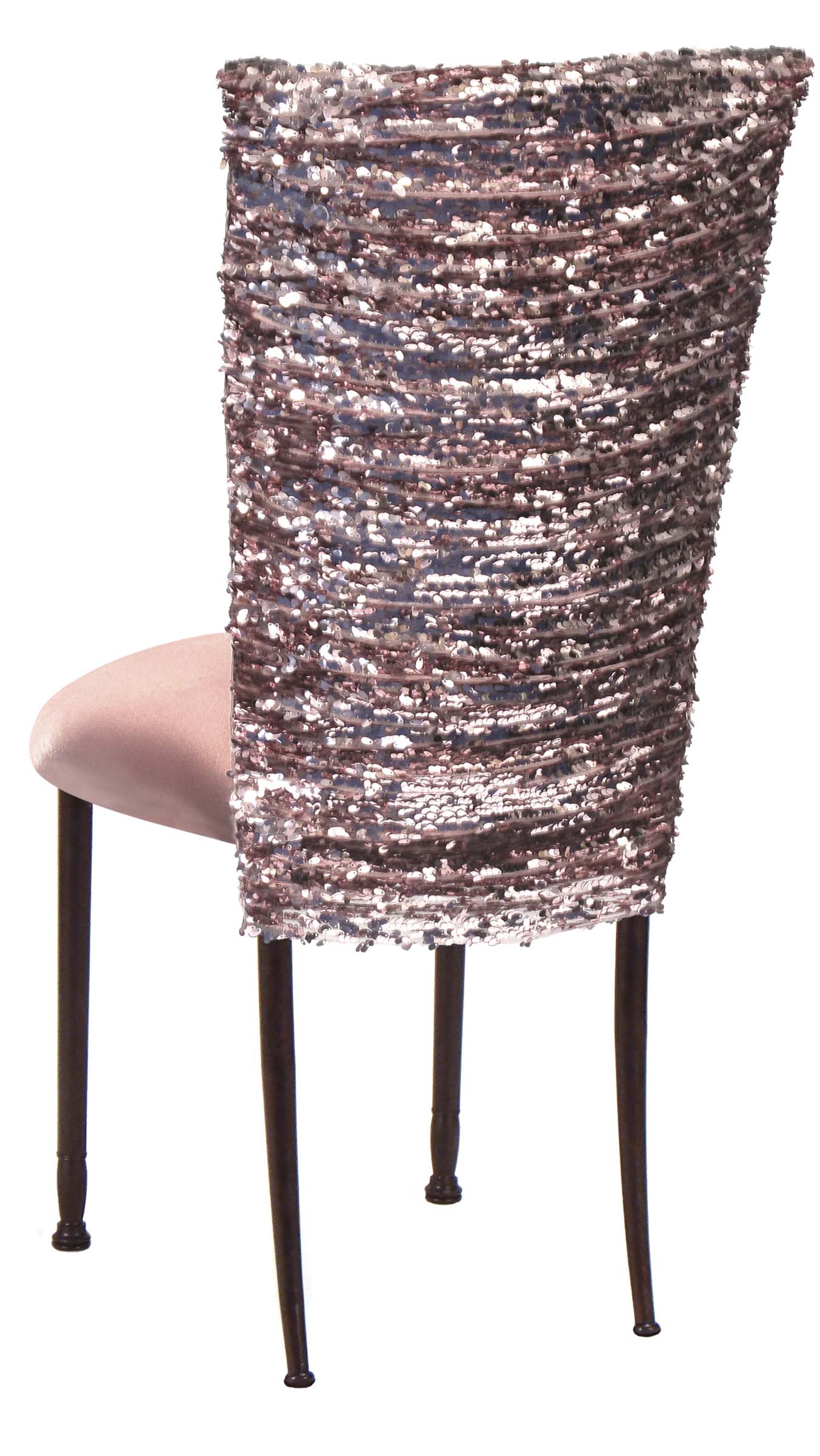Blush Bedazzled Chair Cover and Blush Stretch Knit Cushion on Brown Legs – Chameleon Chair Collection | Rental