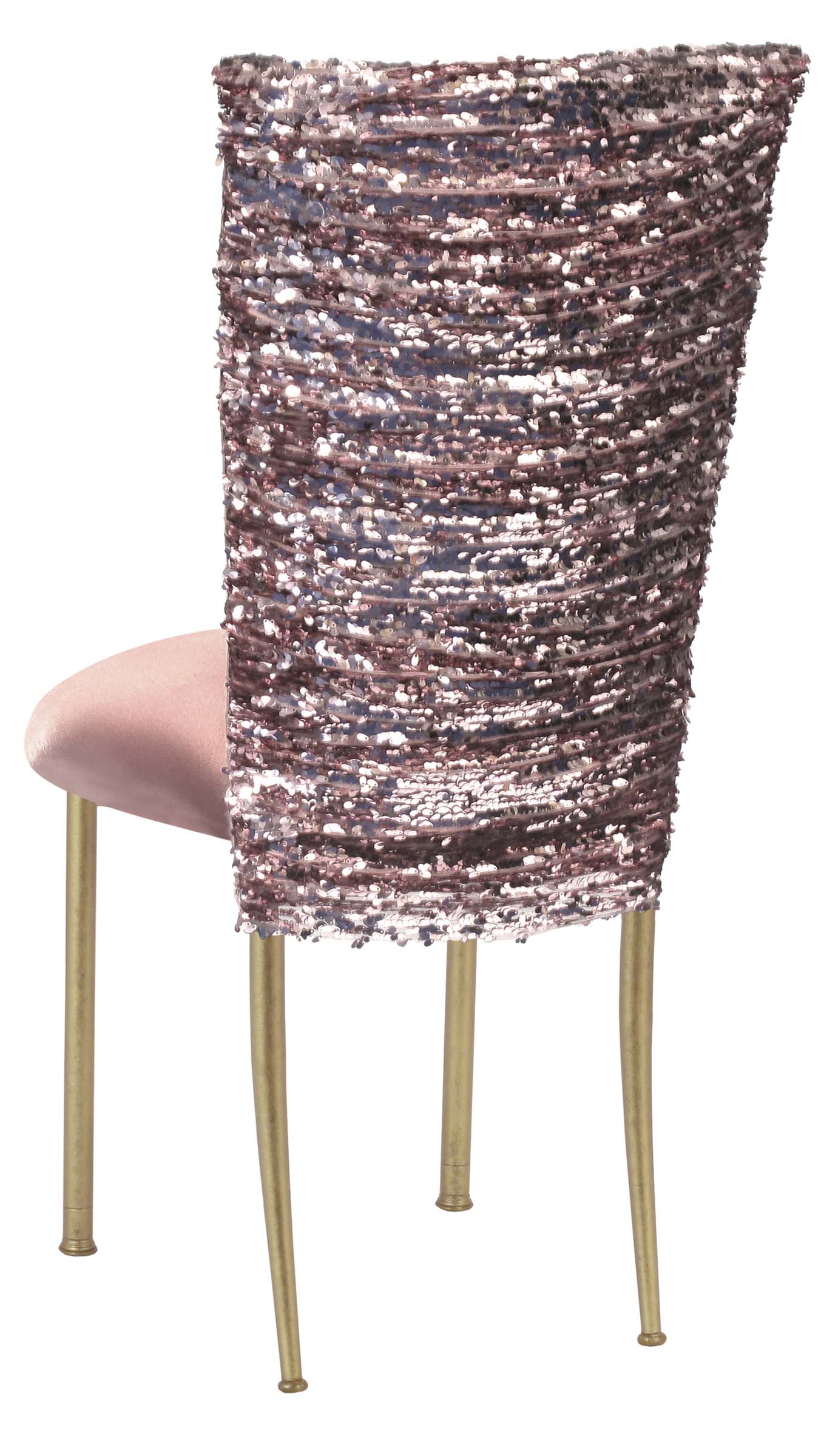Blush Bedazzled Chair Cover and Blush Stretch Knit Cushion on Gold Legs – Chameleon Chair Collection | Rental