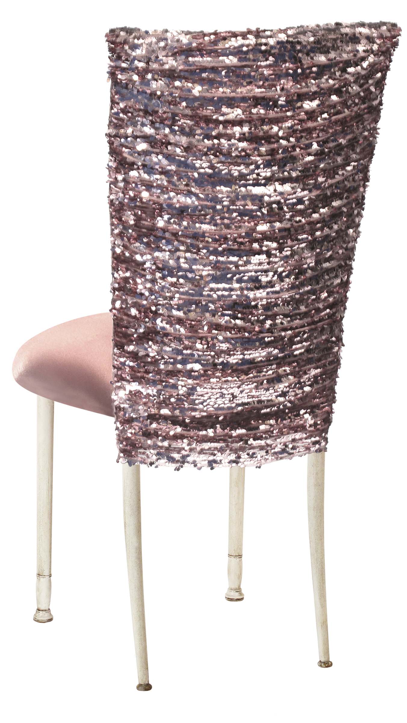 Blush Bedazzled Chair Cover and Blush Stretch Knit Cushion on Ivory Legs – Chameleon Chair Collection | Rental