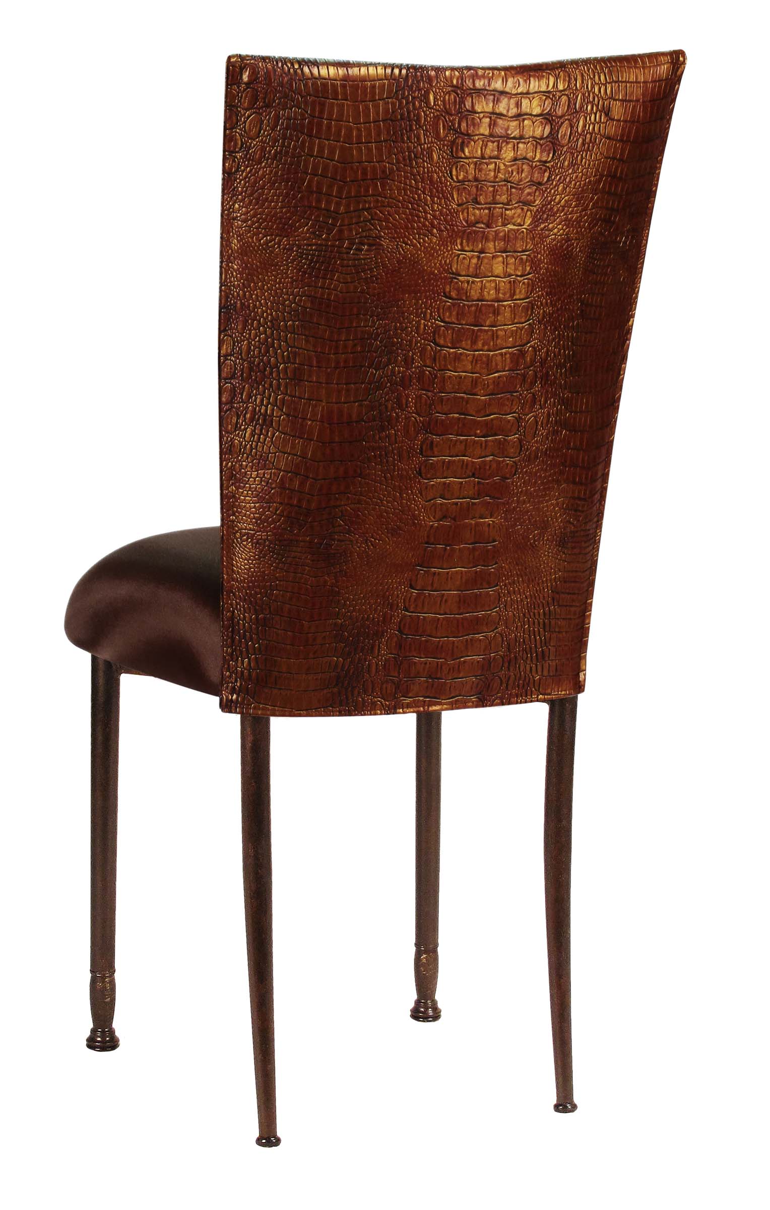 Bronze Croc Chair Cover with Chocolate Stretch Knit Cushion on Brown Legs – Chameleon Chair Collection | Rental