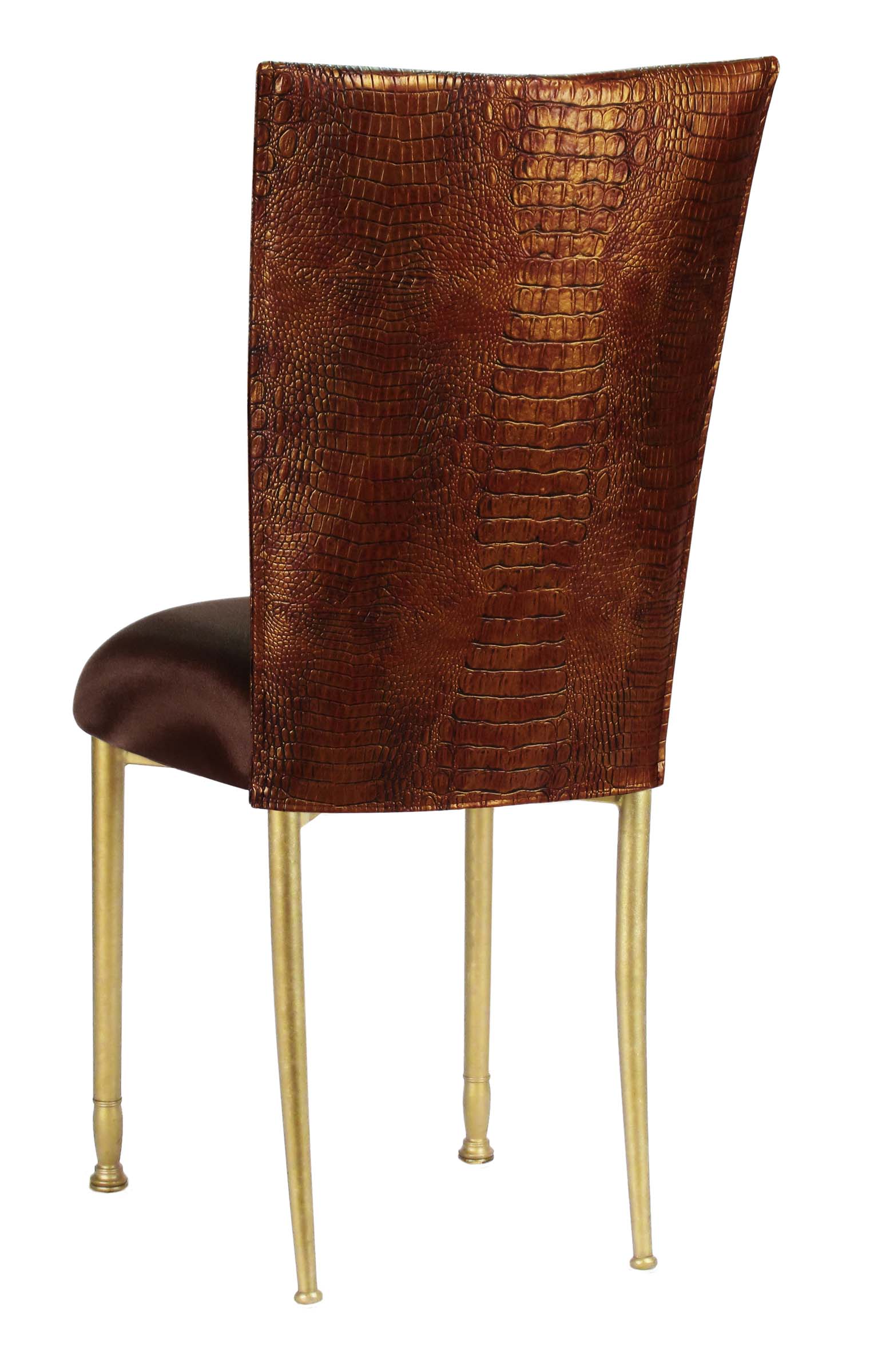 Bronze Croc Chair Cover with Chocolate Stretch Knit Cushion on Gold Legs – Chameleon Chair Collection | Rental