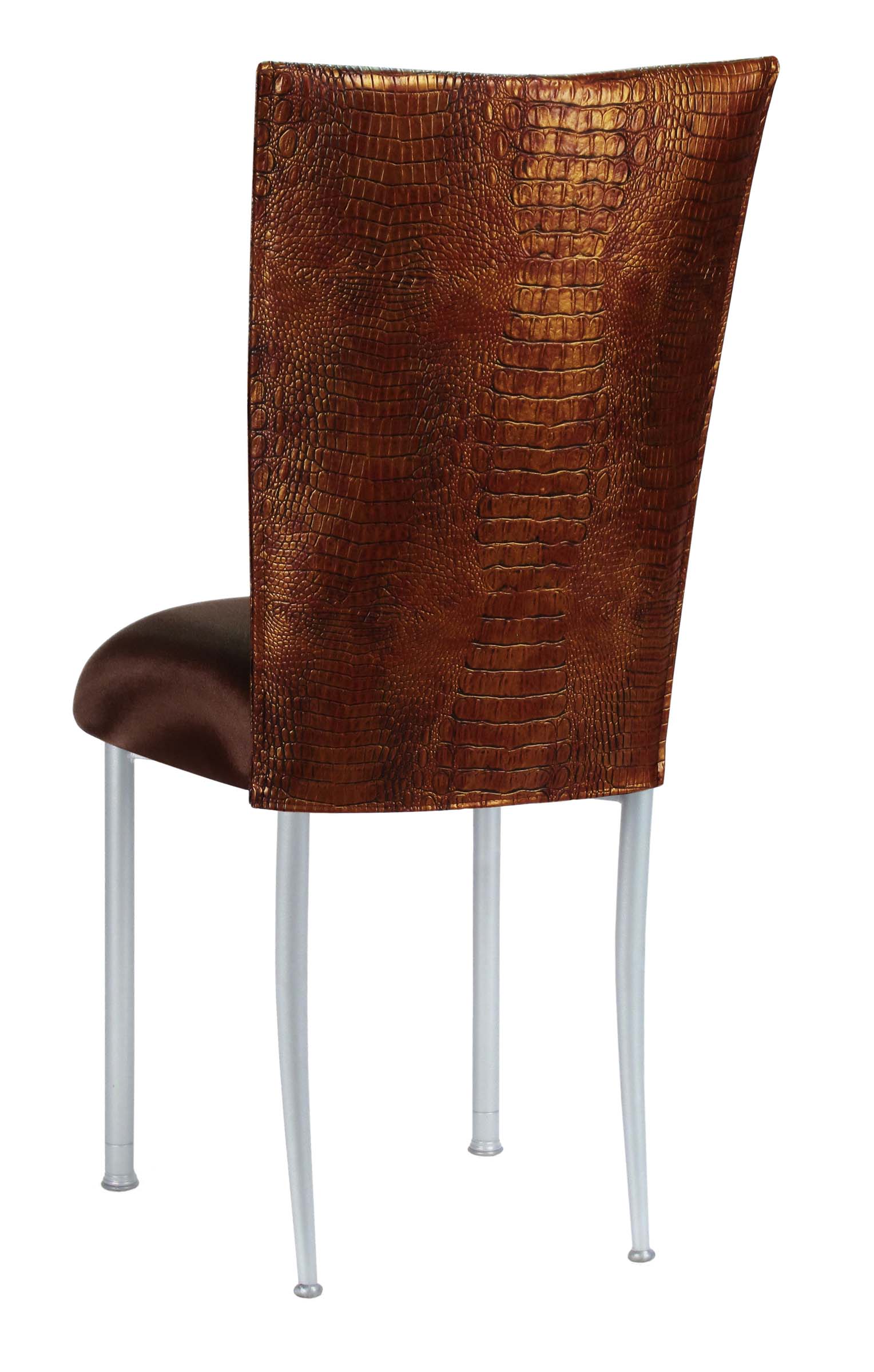 Bronze Croc Chair Cover with Chocolate Stretch Knit Cushion on Silver Legs – Chameleon Chair Collection | Rental