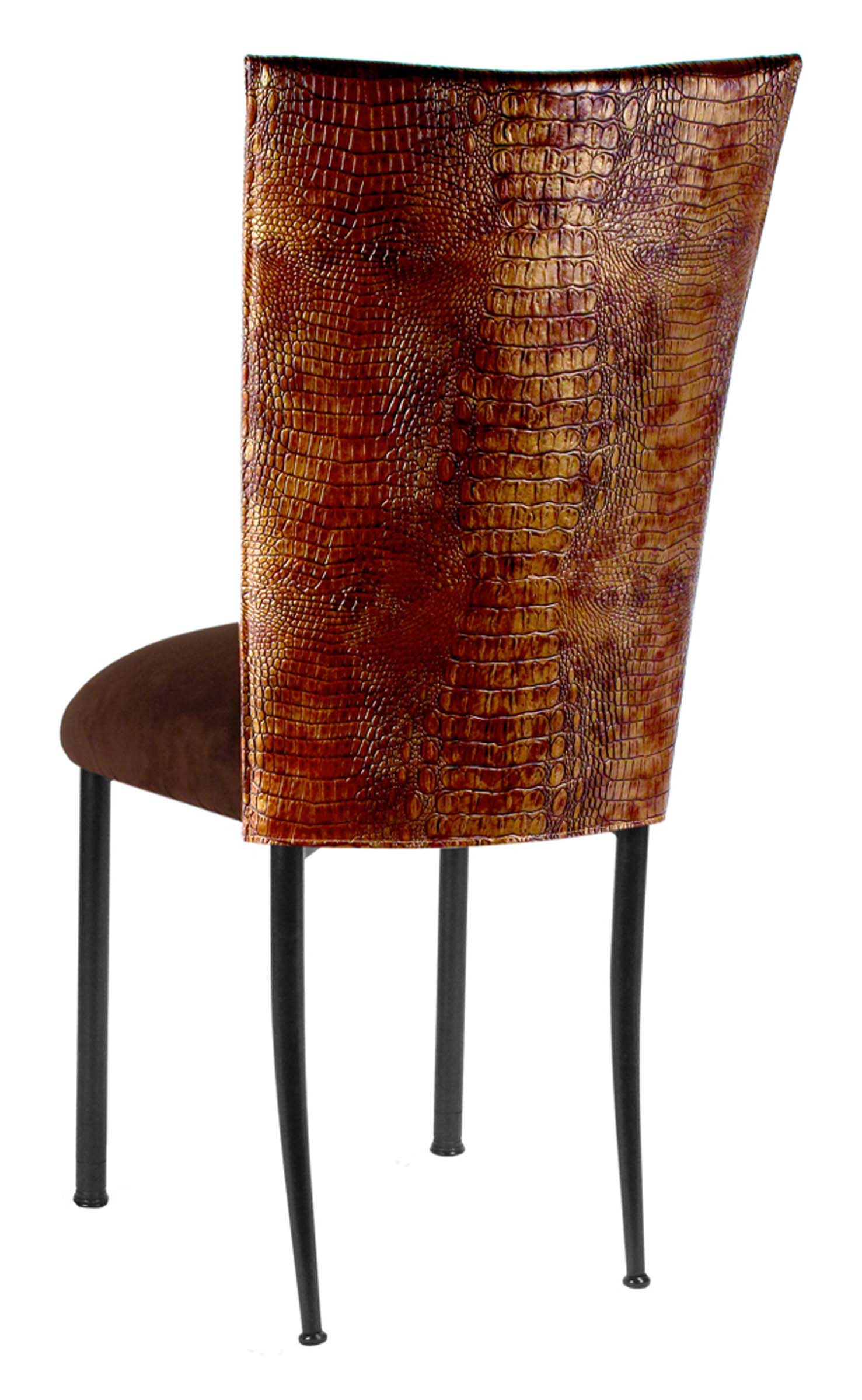 Bronze Croc Chair Cover with Chocolate Suede Cushion on Black Legs – Chameleon Chair Collection | Rental