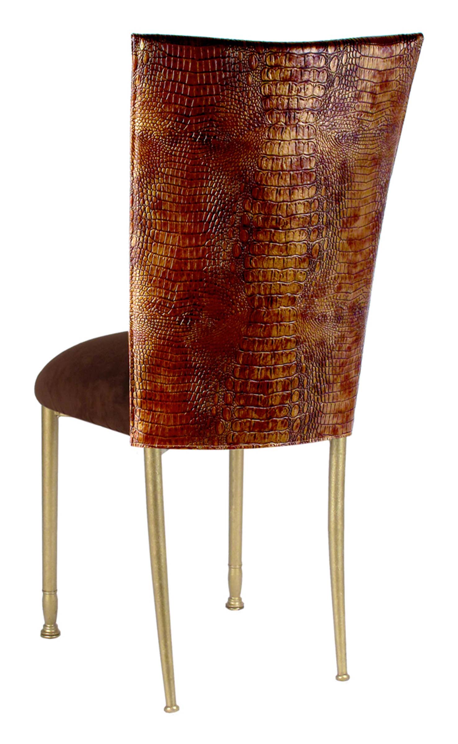 Bronze Croc Chair Cover with Chocolate Suede Cushion on Gold Legs – Chameleon Chair Collection | Rental