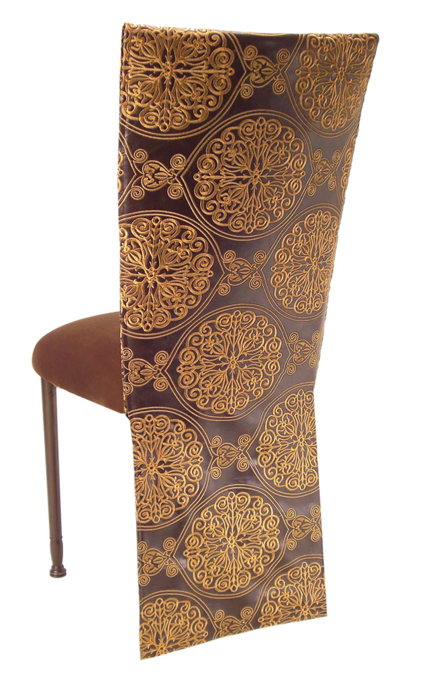 Brown and Gold Crest Chair Cover with Chocolate Suede Cushion on Brown Legs – Chameleon Chair Collection | Rental