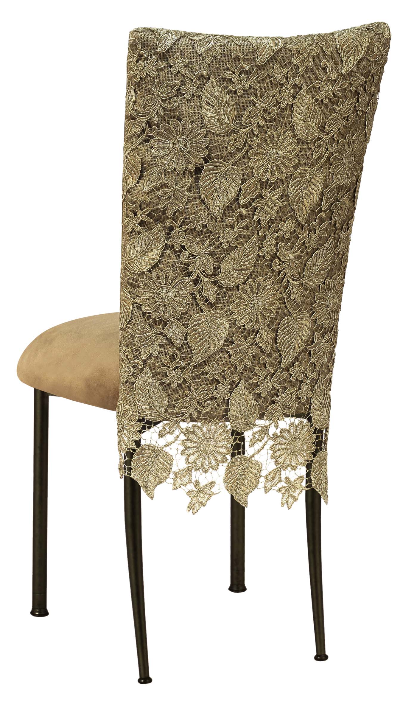 Burlap Chantilly 3/4 Chair Cover with Camel Suede Cushion on Black Legs – Chameleon Chair Collection | Rental