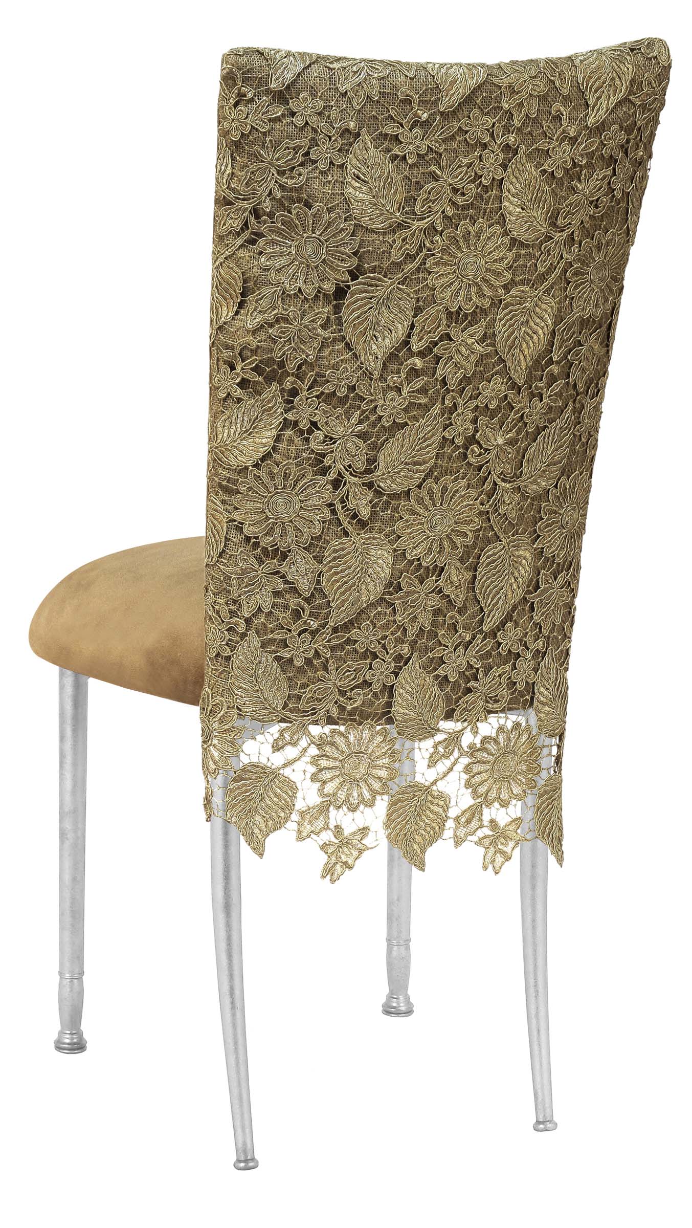 Burlap Chantilly 3/4 Chair Cover with Camel Suede Cushion on Silver Legs – Chameleon Chair Collection | Rental