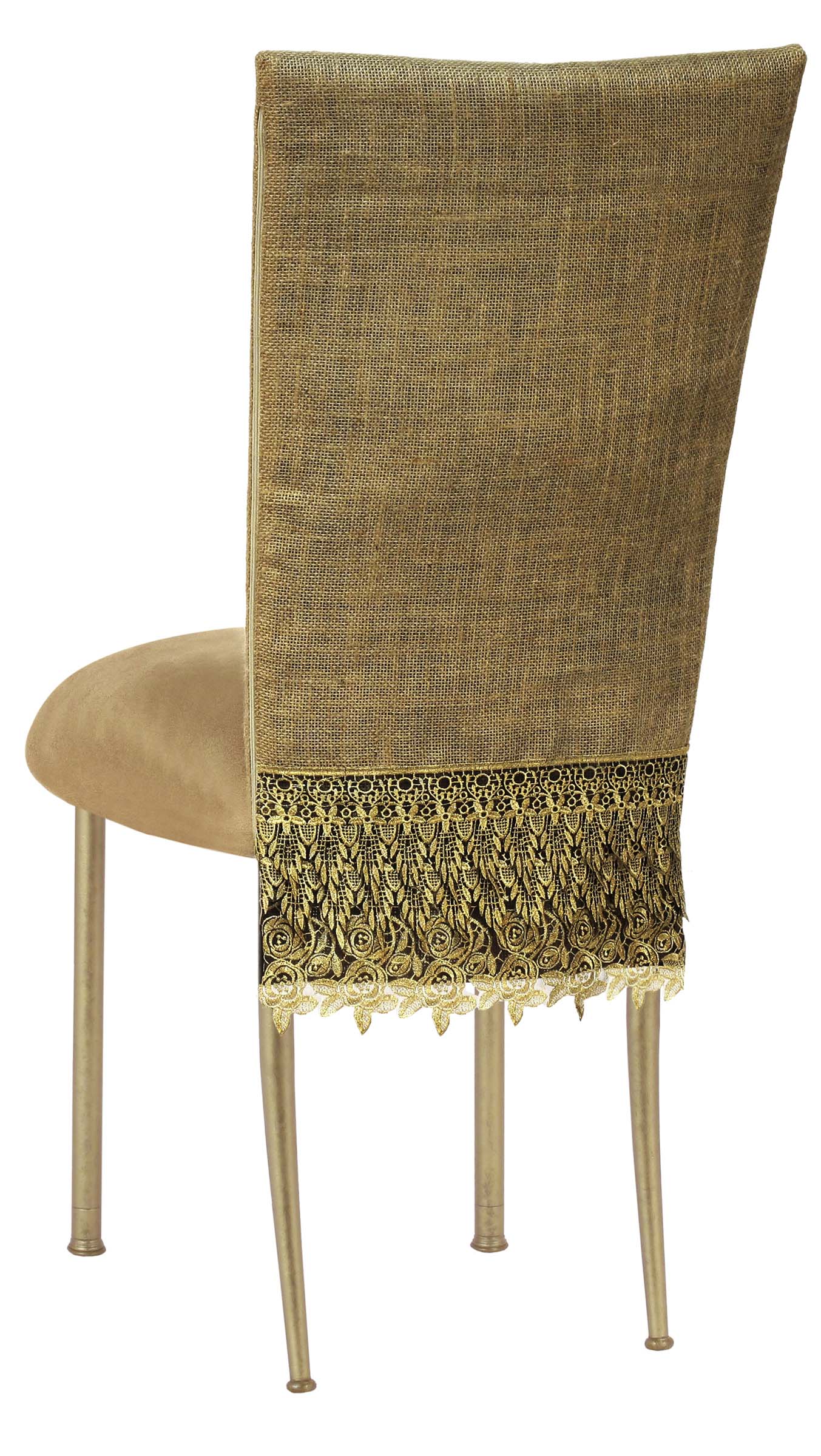 Burlap Fancy 3/4 Chair Cover with Camel Suede Cushion on Gold Legs – Chameleon Chair Collection | Rental