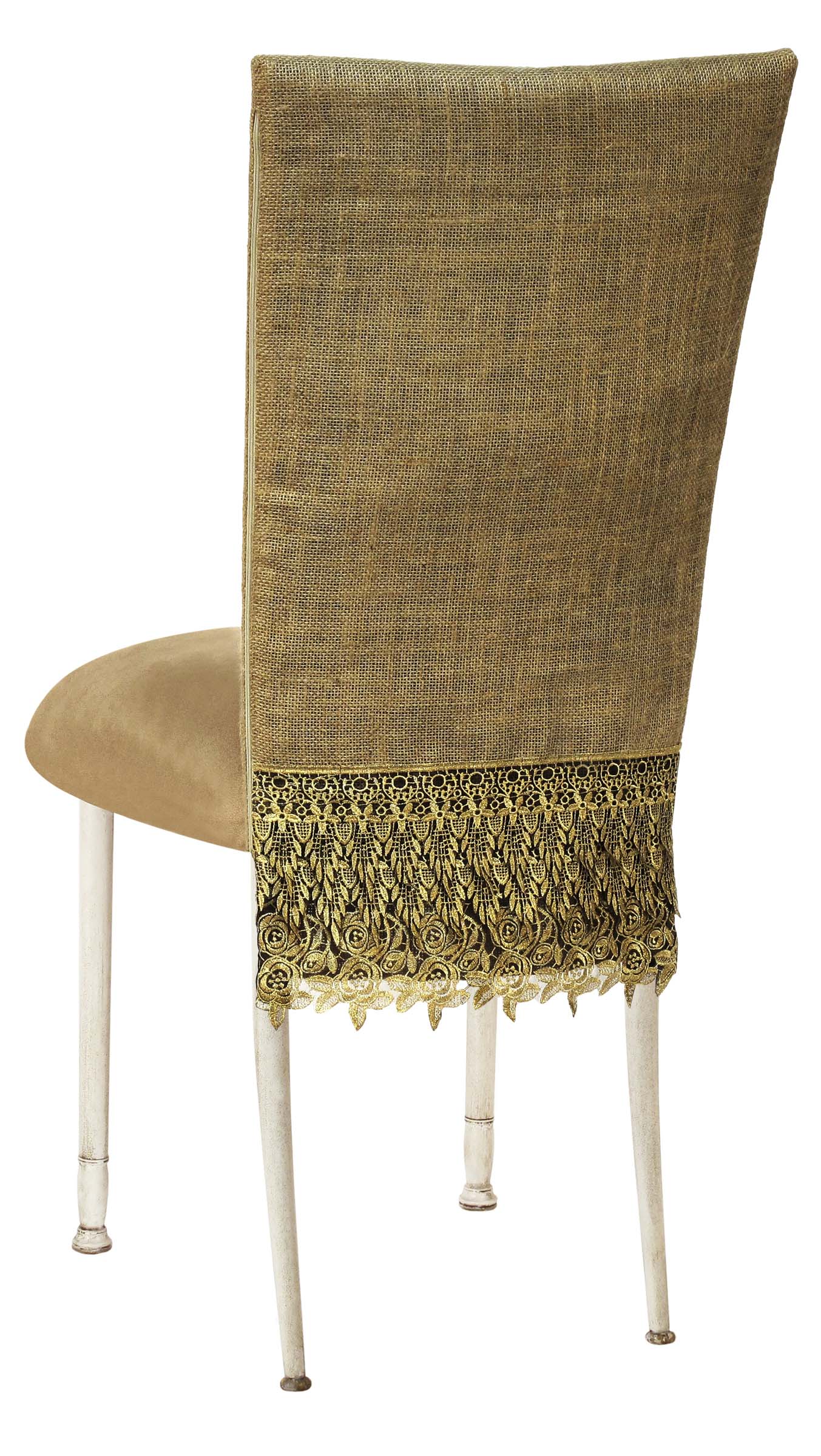 Burlap Fancy 3/4 Chair Cover with Camel Suede Cushion on Ivory Legs – Chameleon Chair Collection | Rental