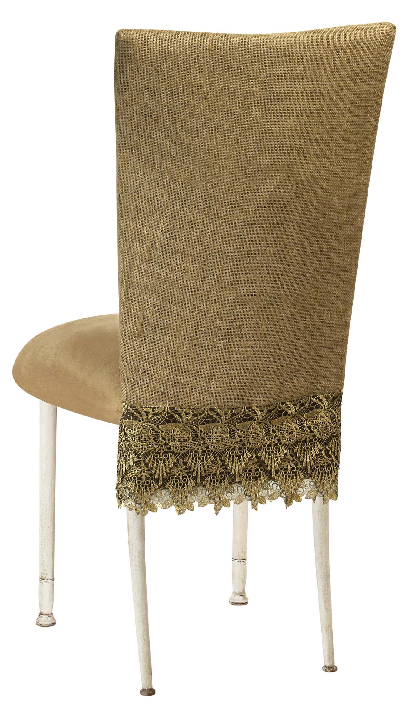 Burlap Flamboyant 3/4 Chair Cover with Camel Suede Cushion on Ivory Legs – Chameleon Chair Collection | Rental
