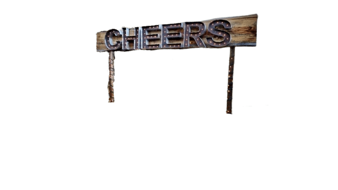 8′ Rustic Cheers Sign Rental – w/6′ Legs & Bases | Used – Purchase | Rental