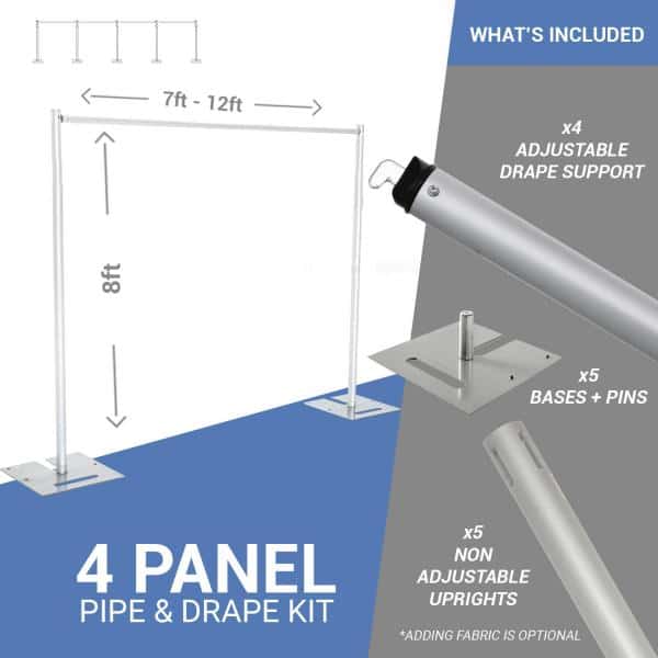 4-Panel Pipe and Drape Kit / Backdrop – 8ft Tall (Non-Adjustable – 1.5″ Break Apart Uprights) | Rental