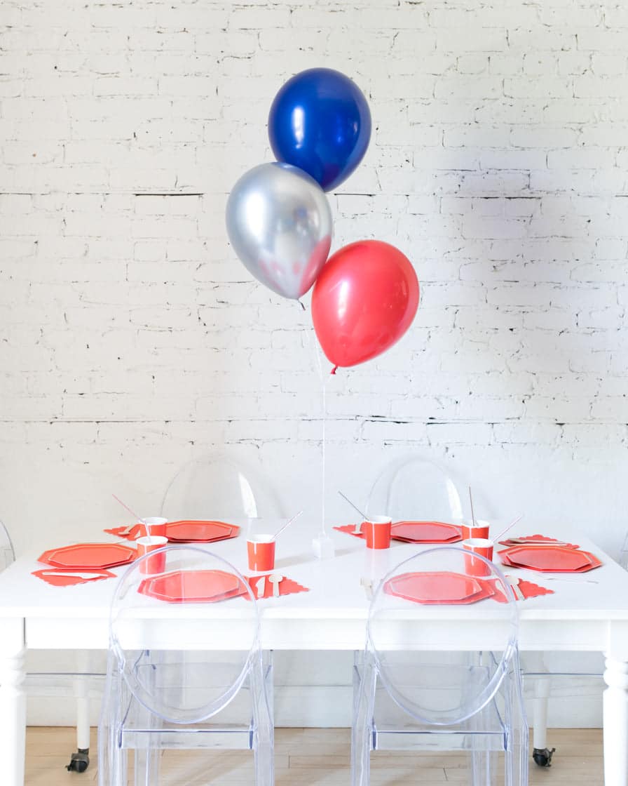 Red, Blue and Silver 11in Balloons Centerpiece – bouquet of 3 | Rental