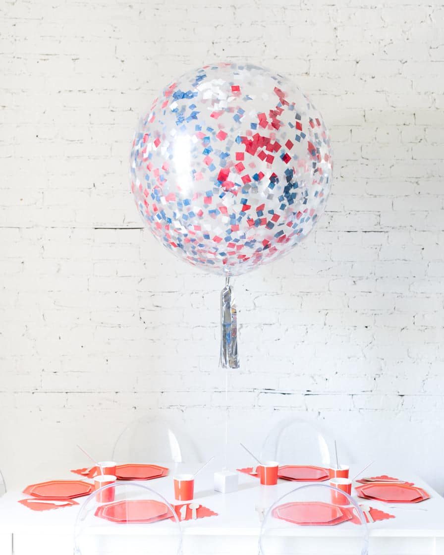 Red, White and Blue Palette Confetti Giant Balloon and Silver Skirt Centerpiece | Rental