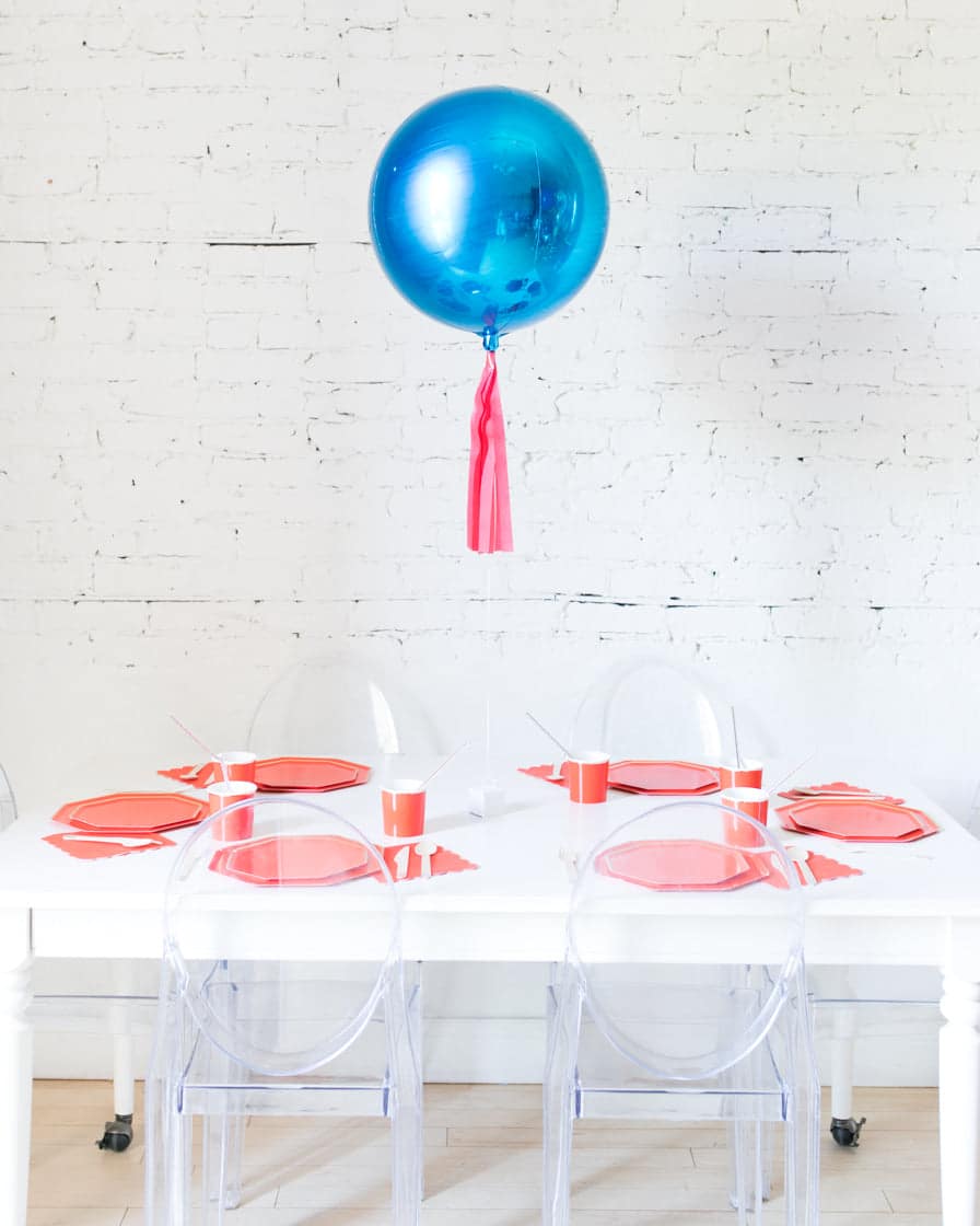 16in Blue Orb Foil Balloon and Red Skirt Centerpiece | Purchase