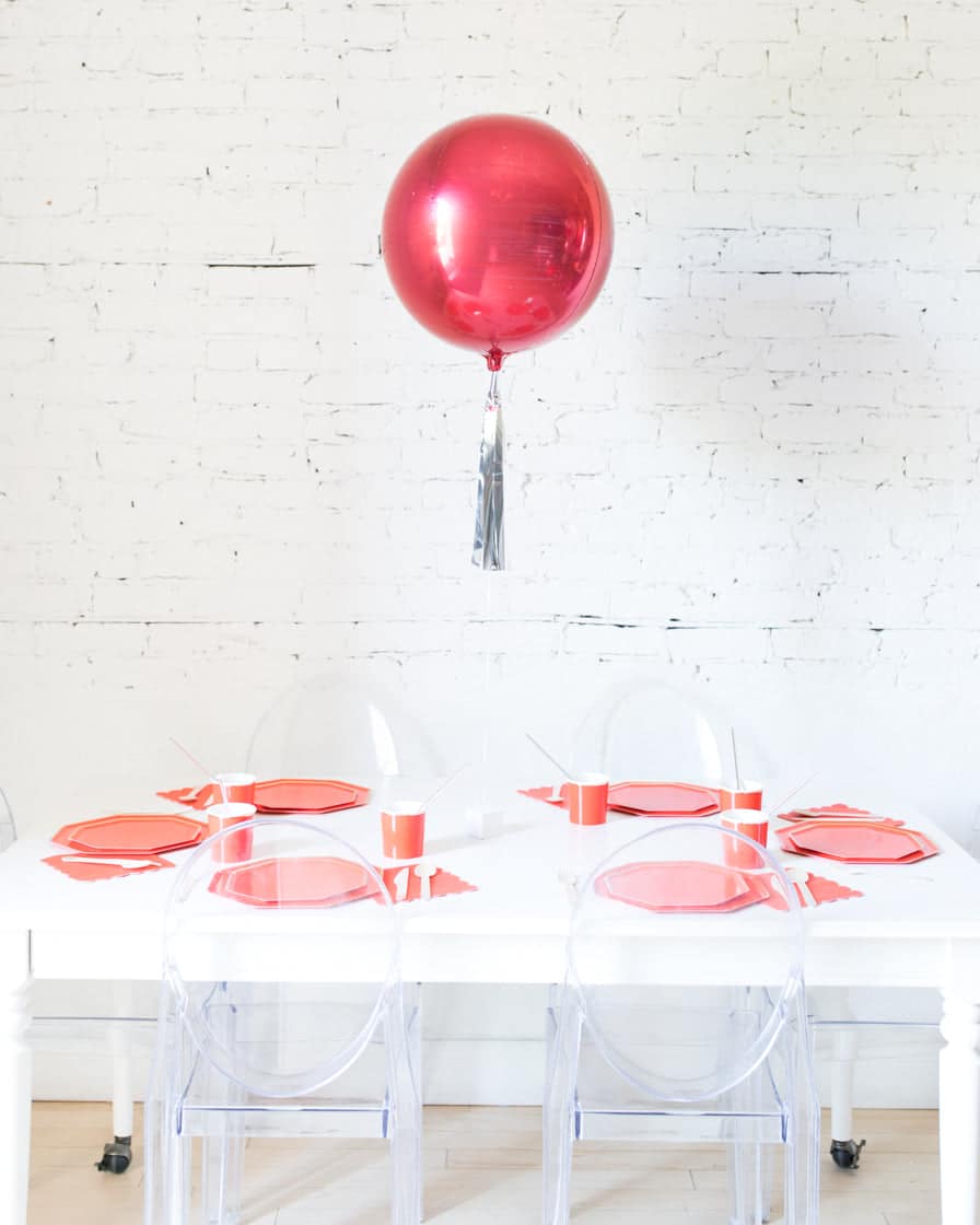 16in Red Orb Foil Balloon and Silver Skirt Centerpiece | Purchase