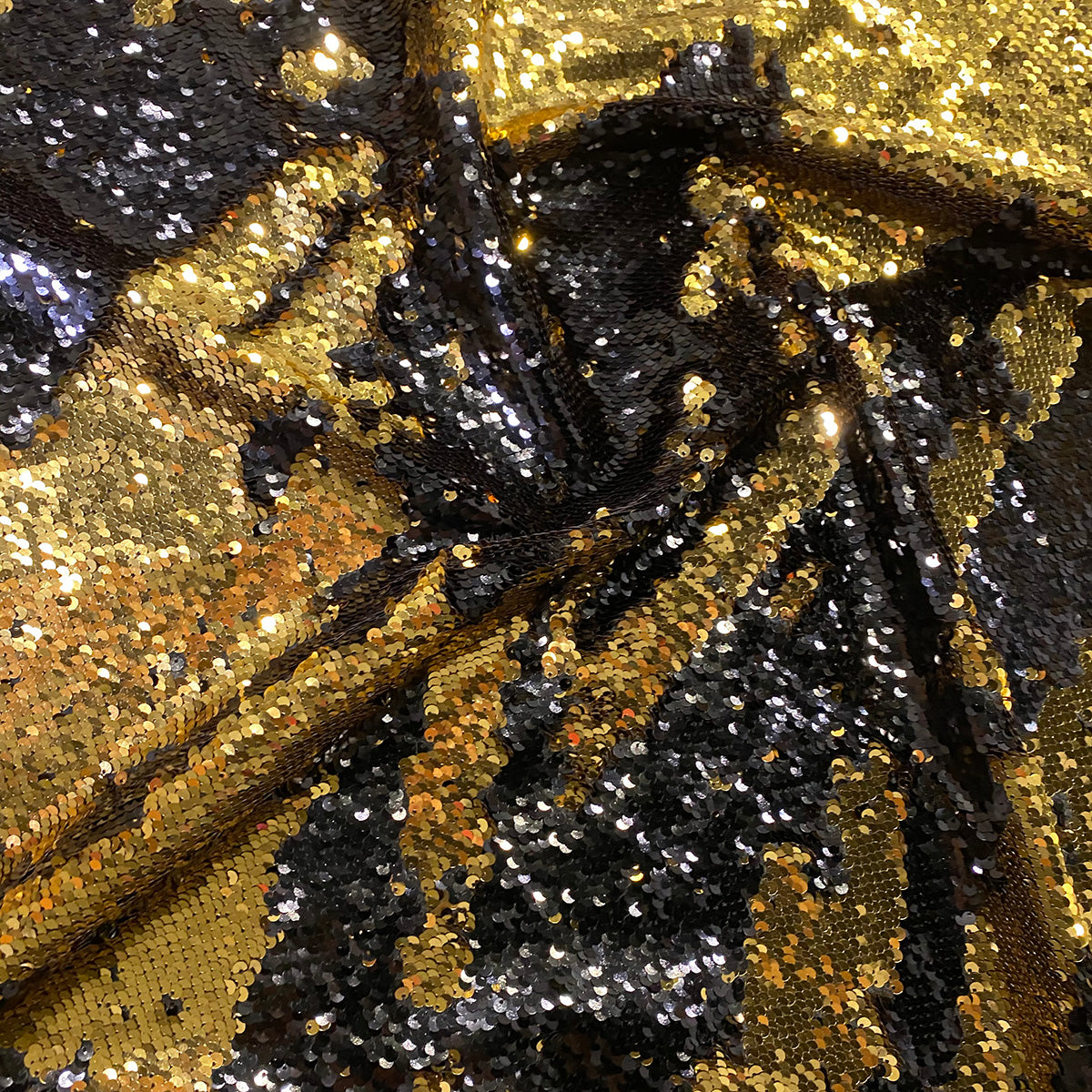 Two-Tone Sequins Wholesale Fabric in Black and Gold | Rental Two-Tone Sequins Wholesale Fabric in Black and Gold | Rental
