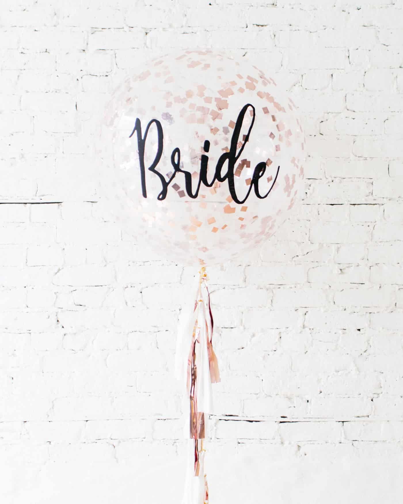 Bride Confetti Giant Balloon and White & Rose Gold Tassel | Rental