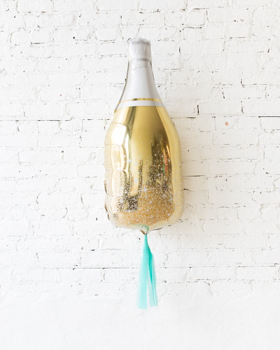 36in Gold Champagne Bottle Foil Balloon with Mint Skirt | Rental